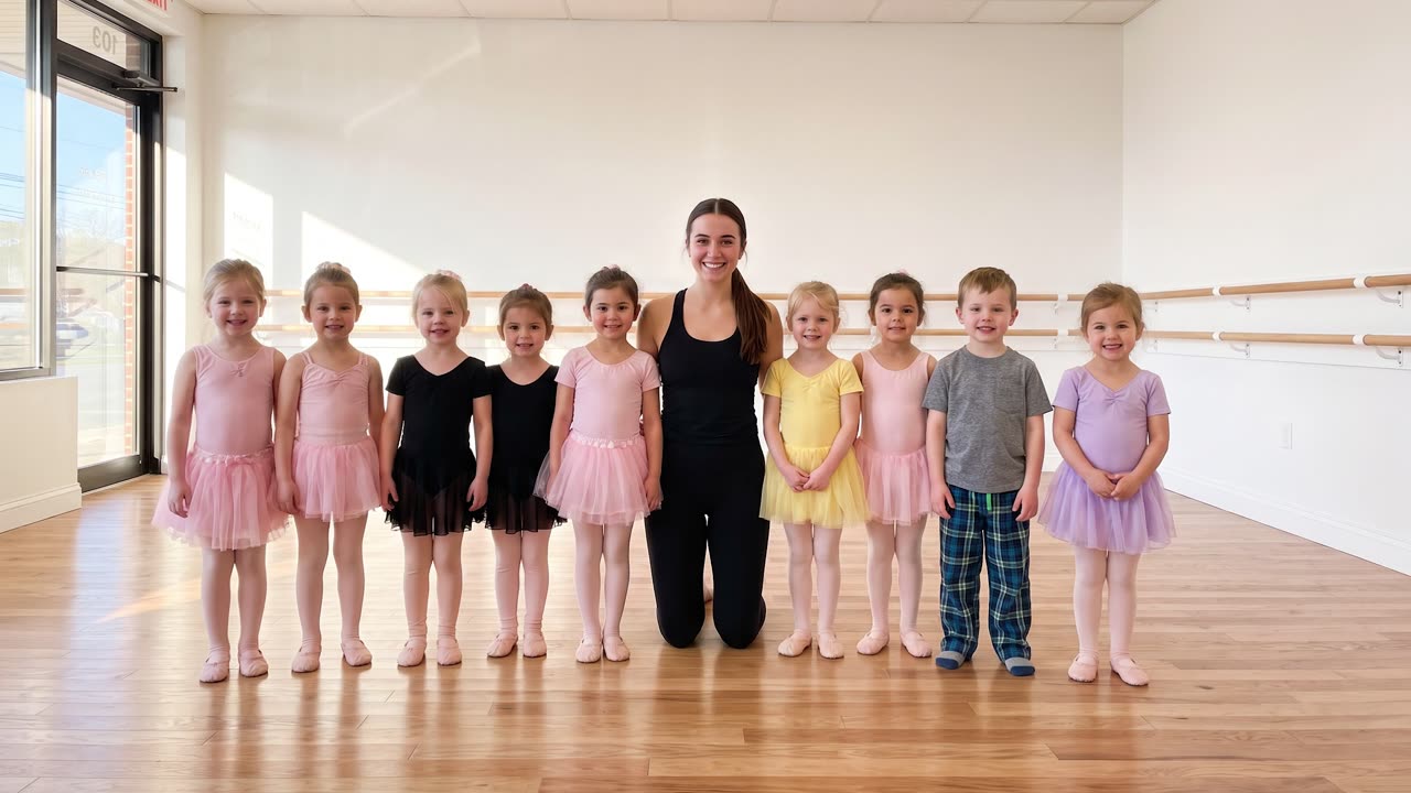 A dance teacher kneeling with her class of young students in the studio